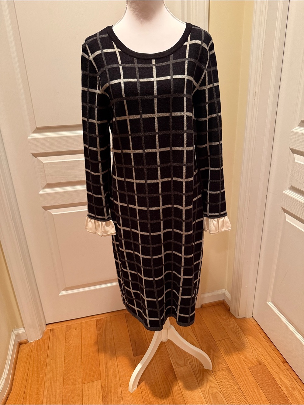 Tommy Hilfiger Black Knit Windowpane Midi Dress with Cream Ruffle Cuffs
